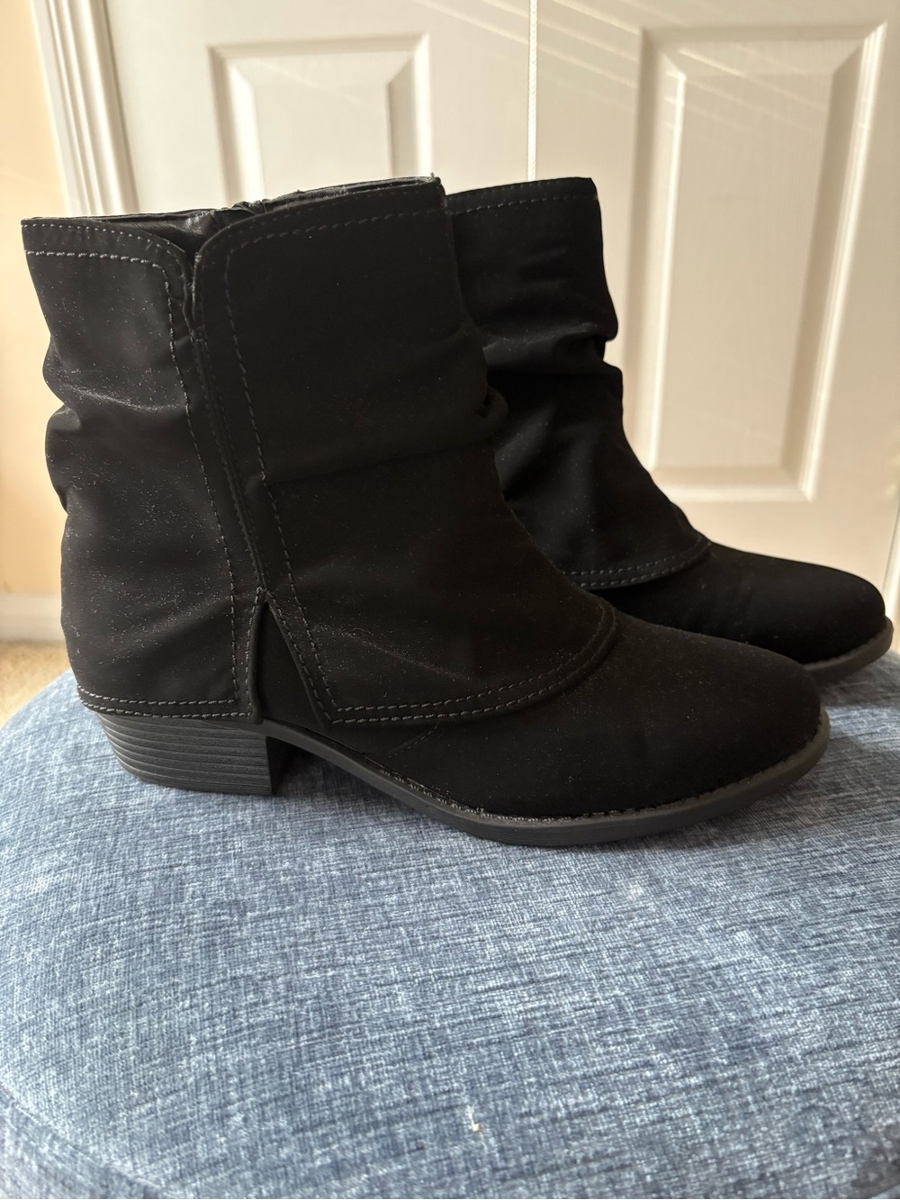 easy street Black Suede Ankle Booties with Low Heel